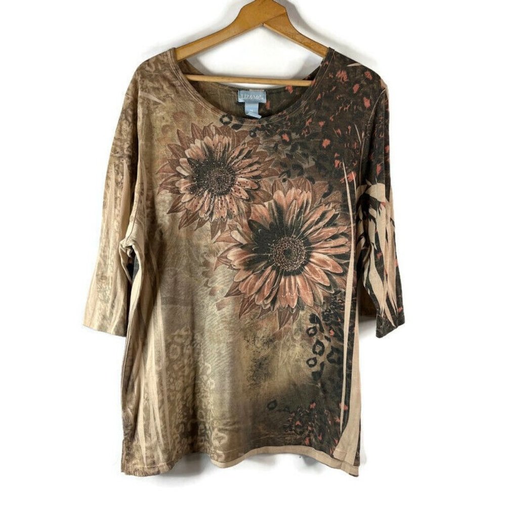 Liz & Me Womens Tunic Blouse Shirt Top Size 0X Brown Sunflower Floral 3/4 Sleeve